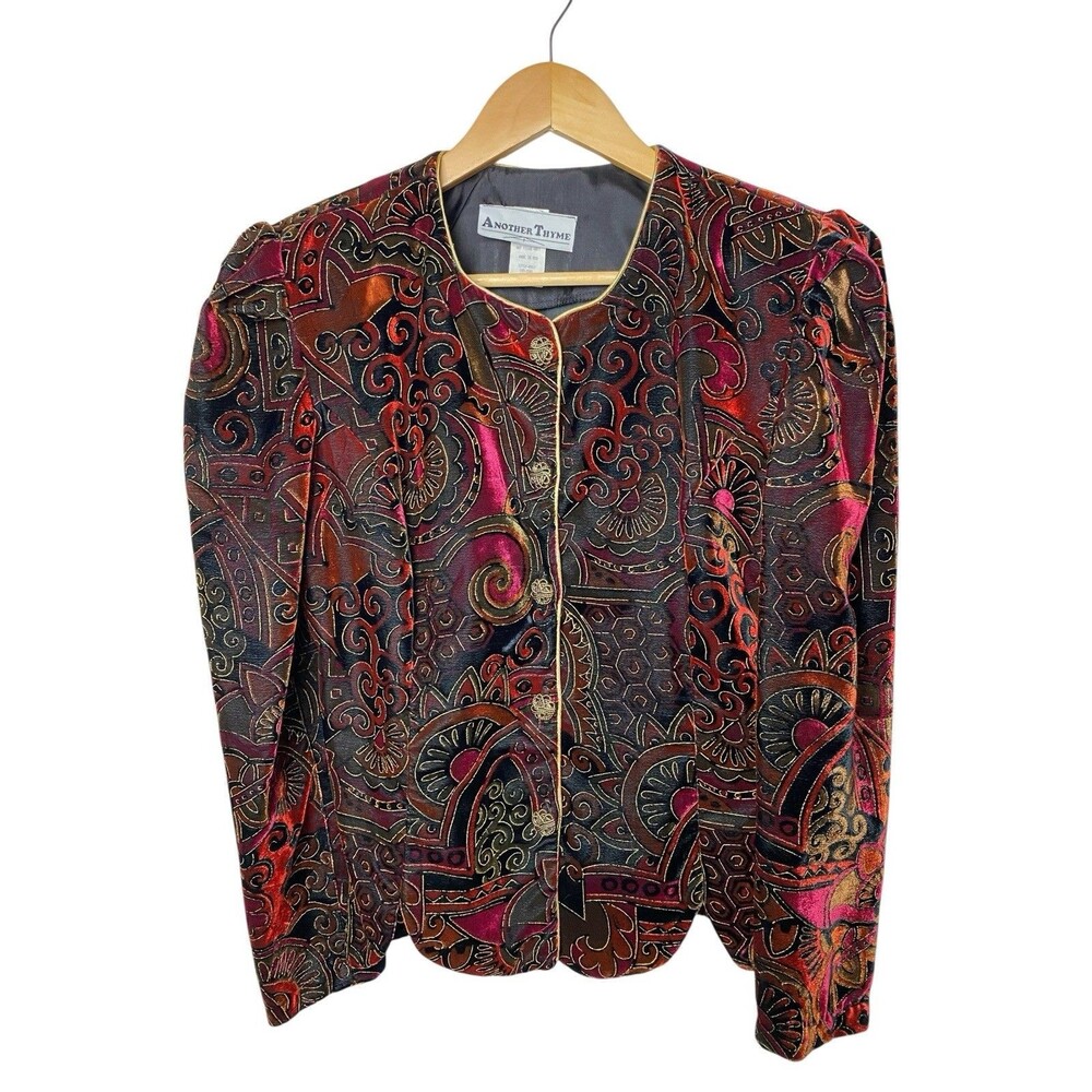Vintage Another Thyme Velvet Brocade Jacket Women’s M Paisley Button Front USA